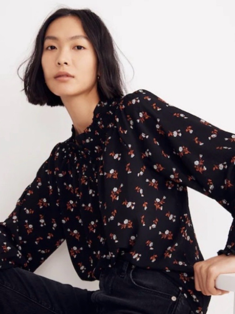 Madewell Black Floral Smocked-Neck Long-Sleeve Blouse Tossed Floral